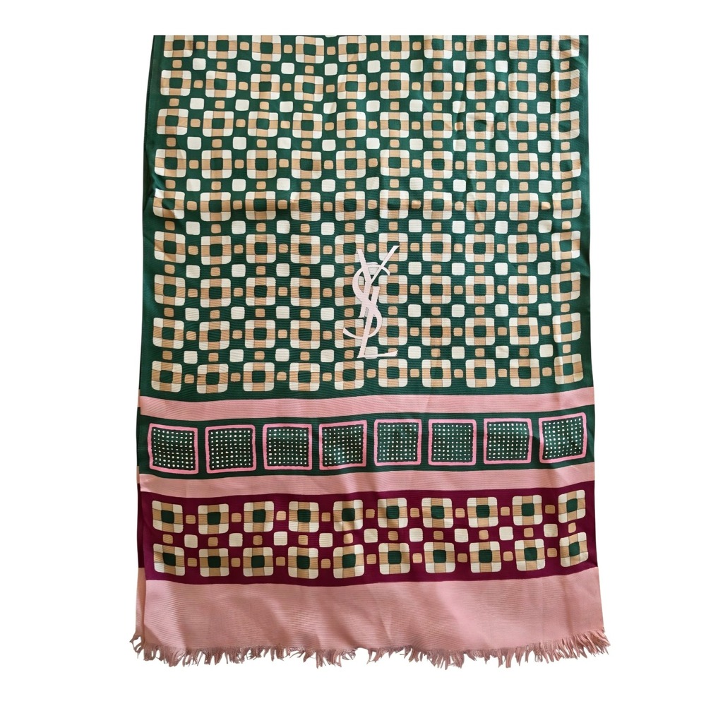 YSL VTG 18×70 Silk Geomettic Green Pink Maximalist Old Money Preppy Scarf READ